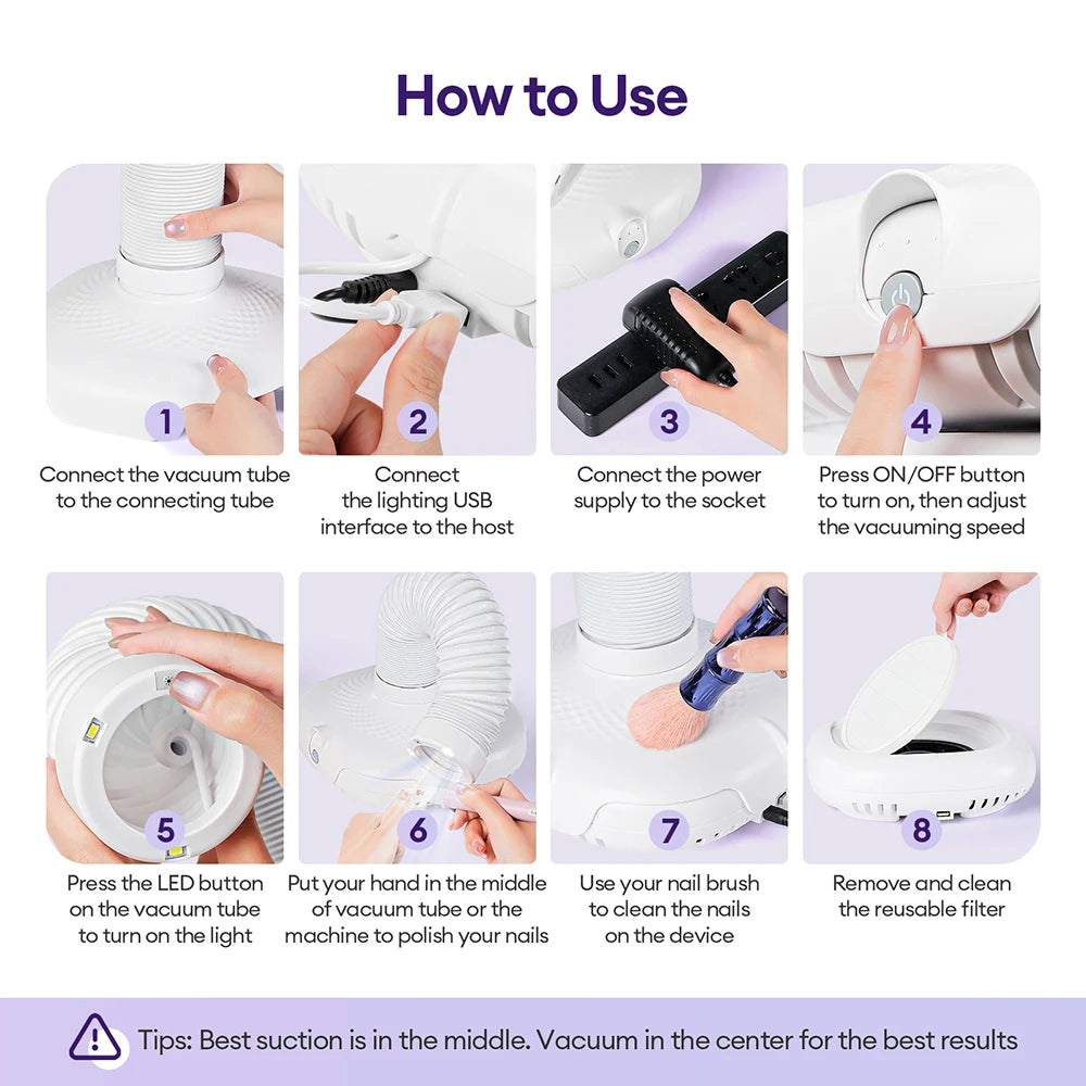 Extendable Tube Nail Dust Collector with LED Light, Three Speed Settings and Two Filters, Grey Plug-In Manicure Vacuum with US, EU or UK Plug Options
