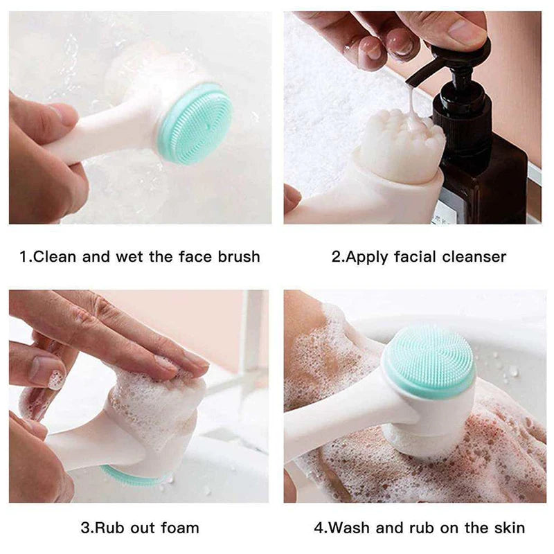 Facial Cleansing Brush, Double-Sided Manual Face Wash Tool with Handle, Silicone and Plastic Construction, Listed 13 x 6 cm Size in Pink or Blue
