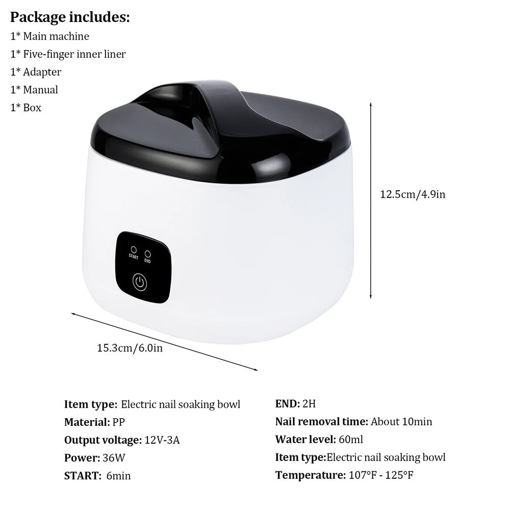 Electric Nail Soaking Bowl with Five-Finger Liner, Listed 36W Power, One-Button Control and Two-Hour Shut-Off, US, EU, UK or AU 100–240V Options