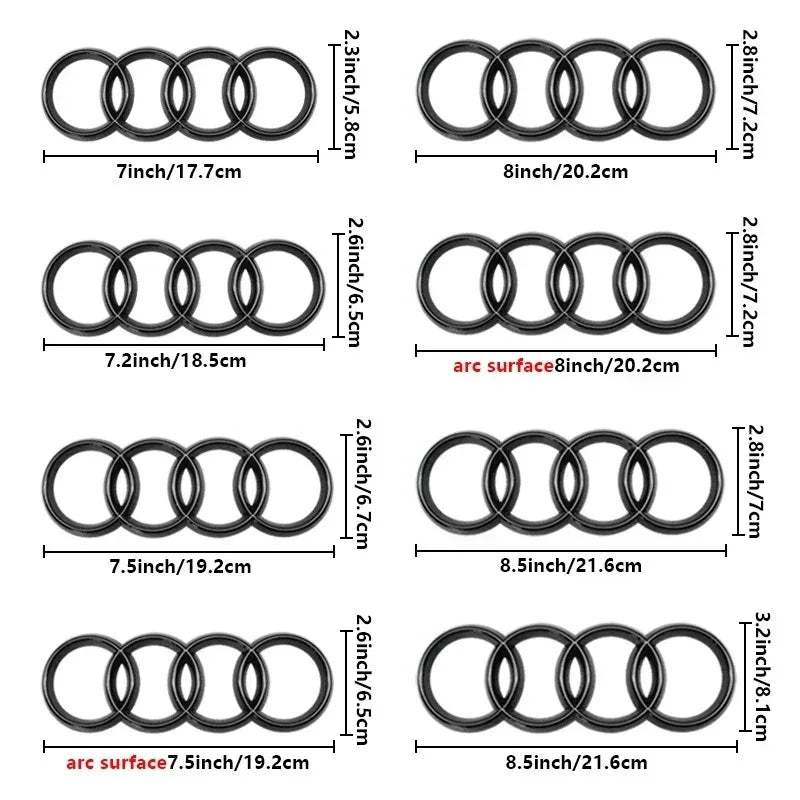 Four Ring Car Emblem for Select Audi Front and Rear Styling, Single ABS Badge in Matte Black, Glossy Black or Silver with Multiple Size Options