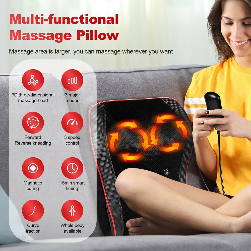 Back and Neck Massage Pillow with Listed 24W Power, PU Surface, One-Button Control and 15-Minute Auto Shutoff, Adapter and Vehicle Cable for Adult Relaxation