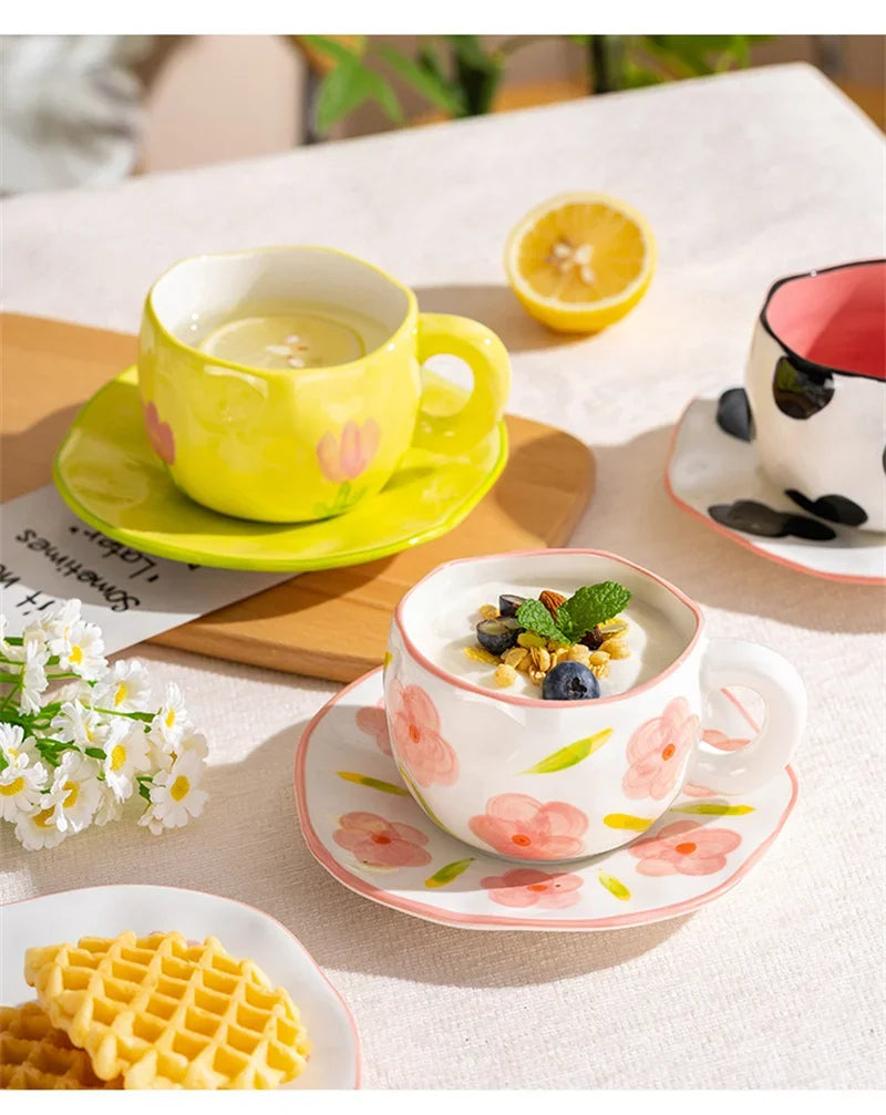 Hand-Painted Ceramic Mug with Irregular Korean-Style Shape and Floral, Heart or Playful Pattern Options for Breakfast Coffee and Afternoon Tea, Cup Only