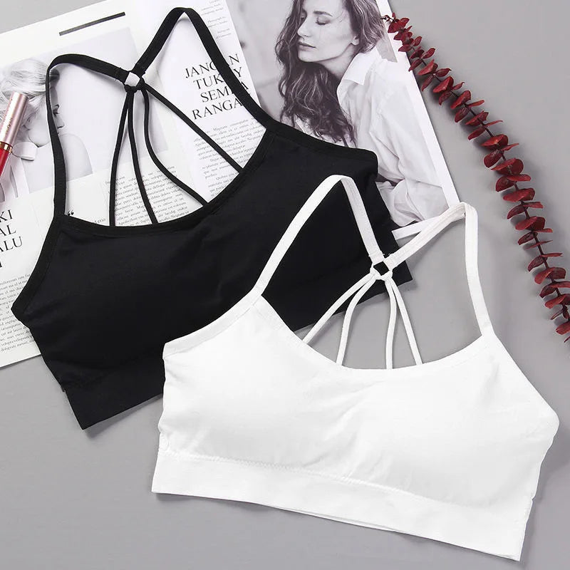 Longline Sports Bra with Crisscross Back Straps for Women, Nylon One-Size Activewear Top in Black or White 7008 and 7009 Options for Yoga and Pilates