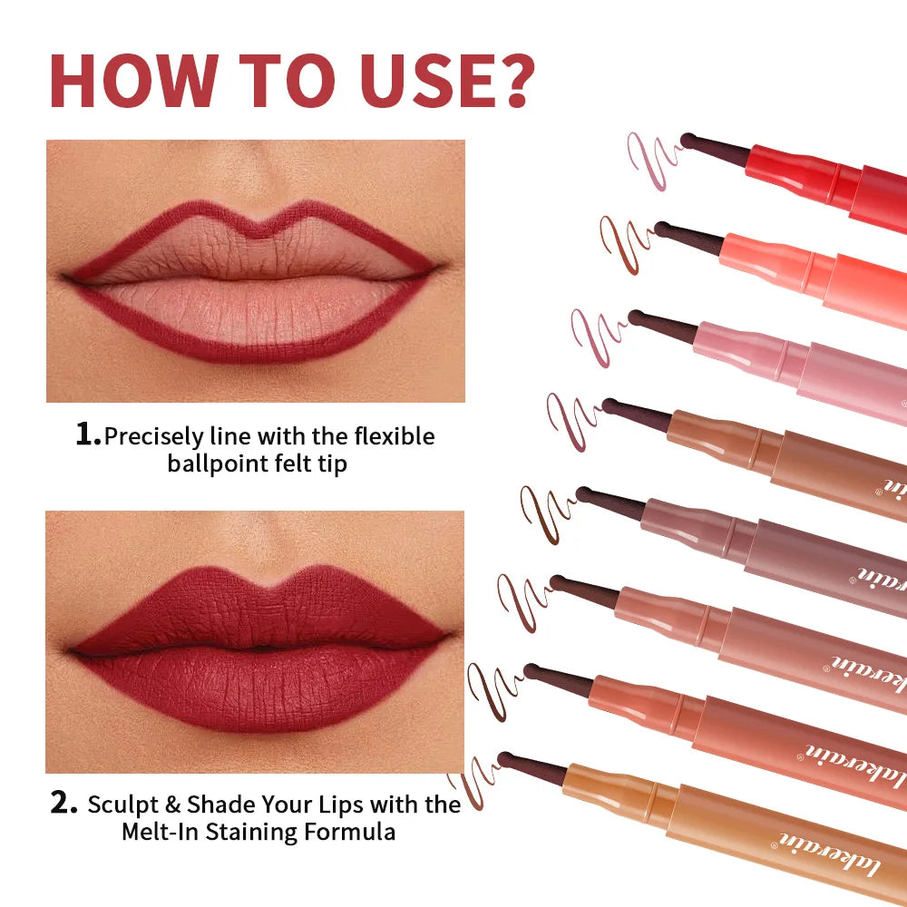 Lip Liner Stain by Lakerain with Flexible Ballpoint Felt Tip, Listed 1ml Lip Contour Makeup for Outlining, Shading and Filling with Eight Named Shade Choices