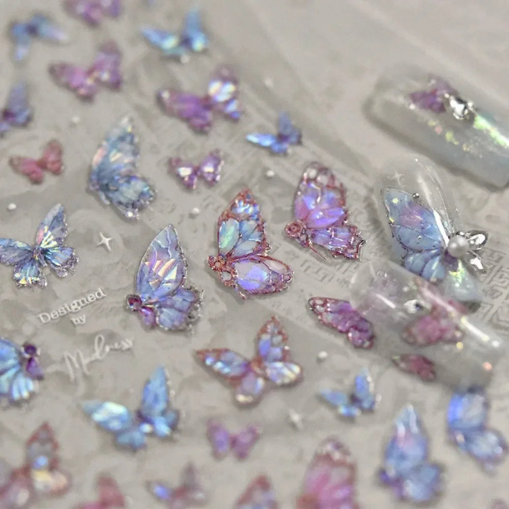 Butterfly 5D Nail Art Stickers, Kawaii Japanese-Inspired Glitter Shell Aurora Style Manicure Decals in Four Design Options for DIY Nail Decoration