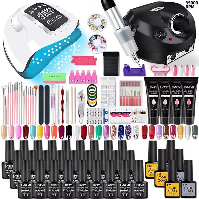 Gel Nail Polish Kit with UV LED Lamp and Electric Nail Drill, 27 Polish Colors and 4 Extension Gel Colors for At-Home Manicure and Nail Art