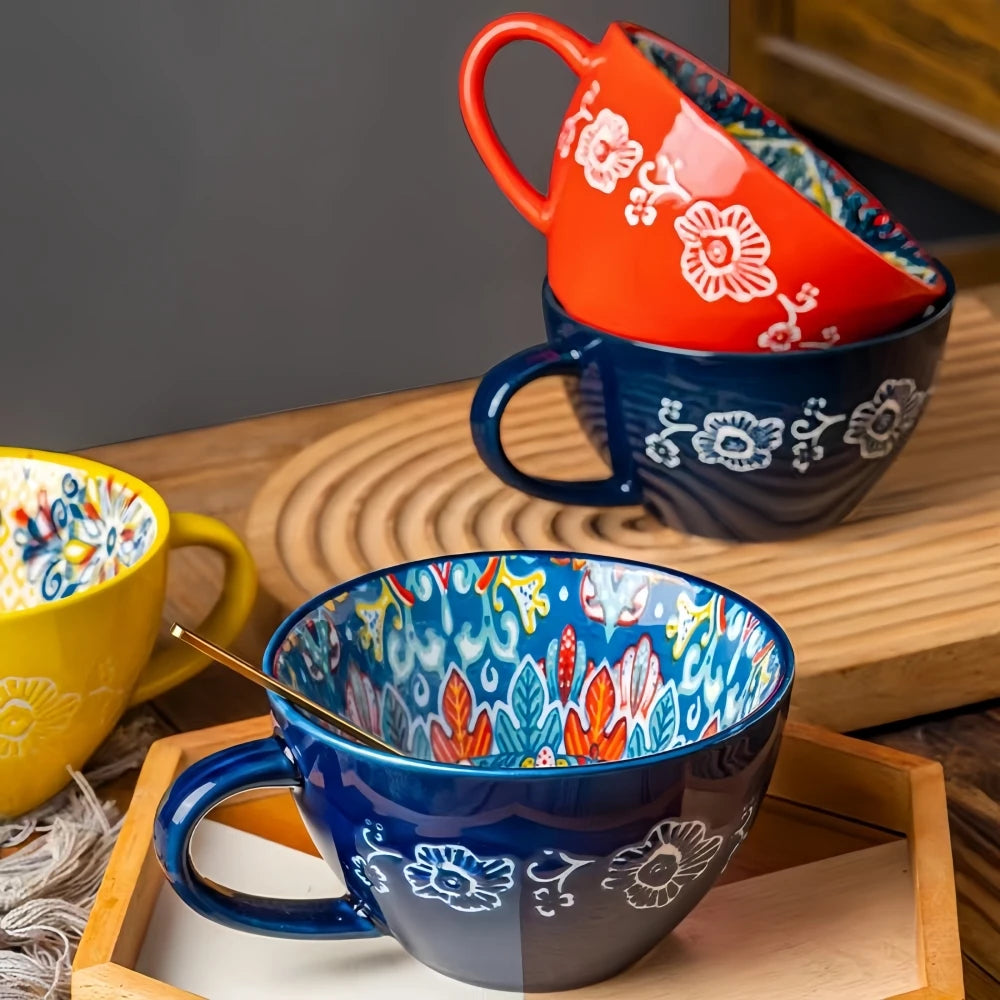 Bohemian Ceramic Coffee Mug with Hand-Painted Style Reference, Dark Red, Green, Blue and Yellow Cup Options Plus Coded Selection for Tea Breaks and Kitchen Gifts