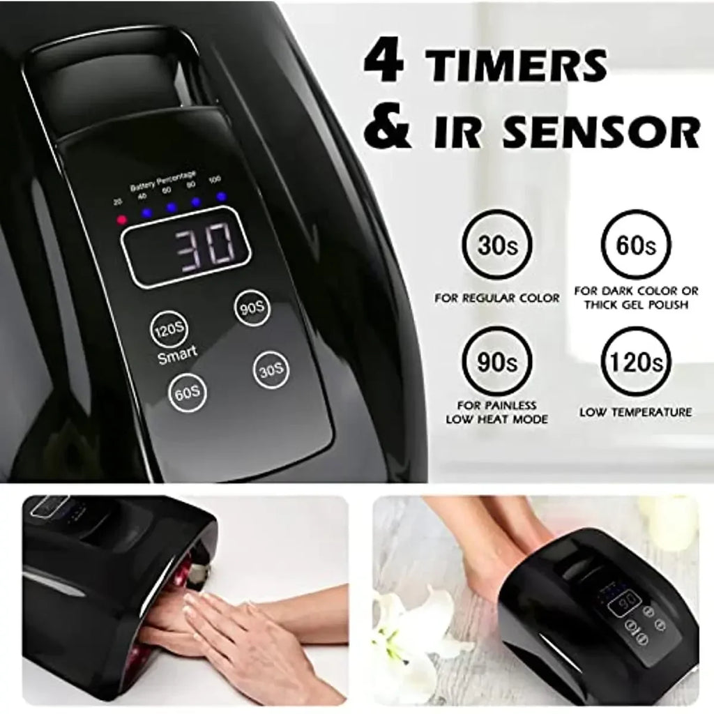 Cordless UV LED Nail Lamp with Mirror Bottom, 45 LEDs and Four Timer Settings, Rechargeable Manicure Light in Gold, Black or White with Plug Options