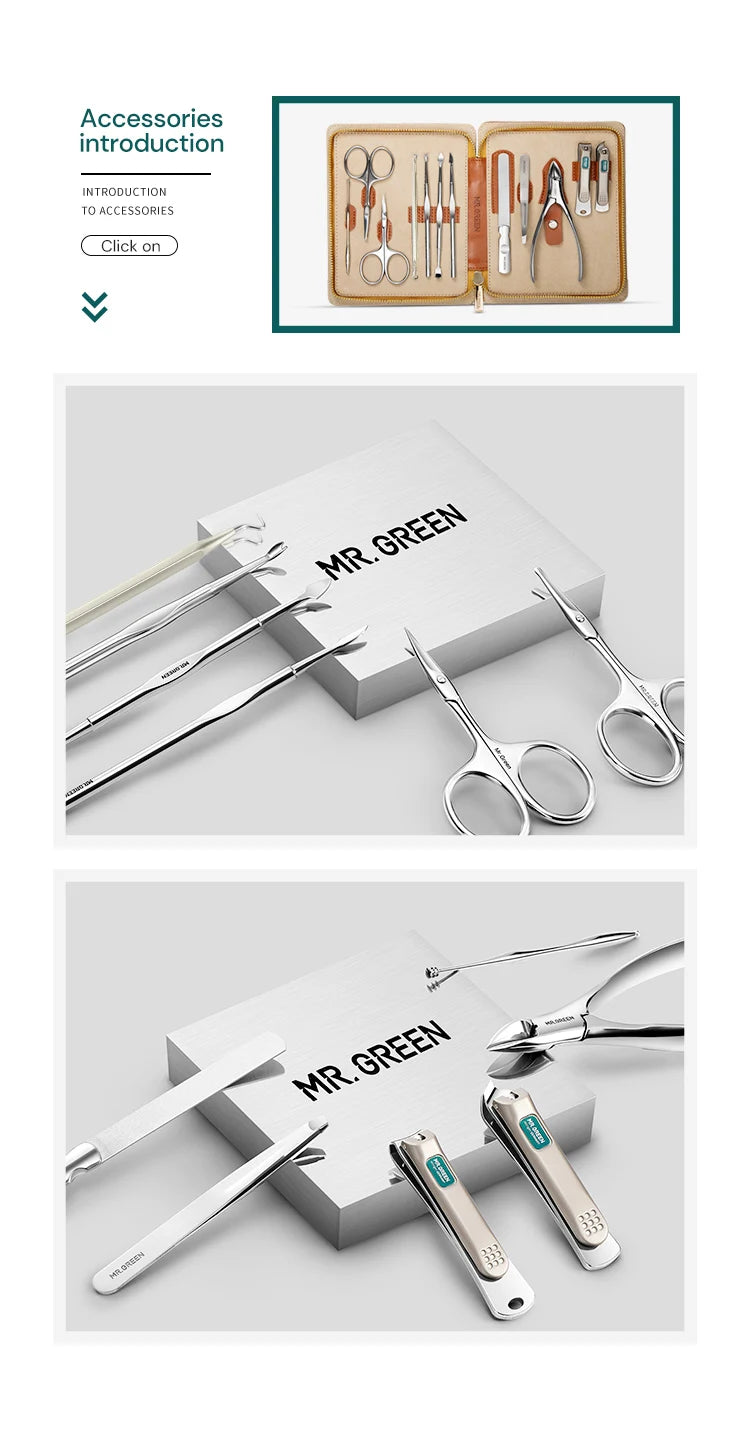 Stainless Steel Manicure Kit MR.GREEN Mr-6012 with Listed 12-in-1 Design and Portable Leather Case for Adult Nail Care, Pedicure and Travel Organization