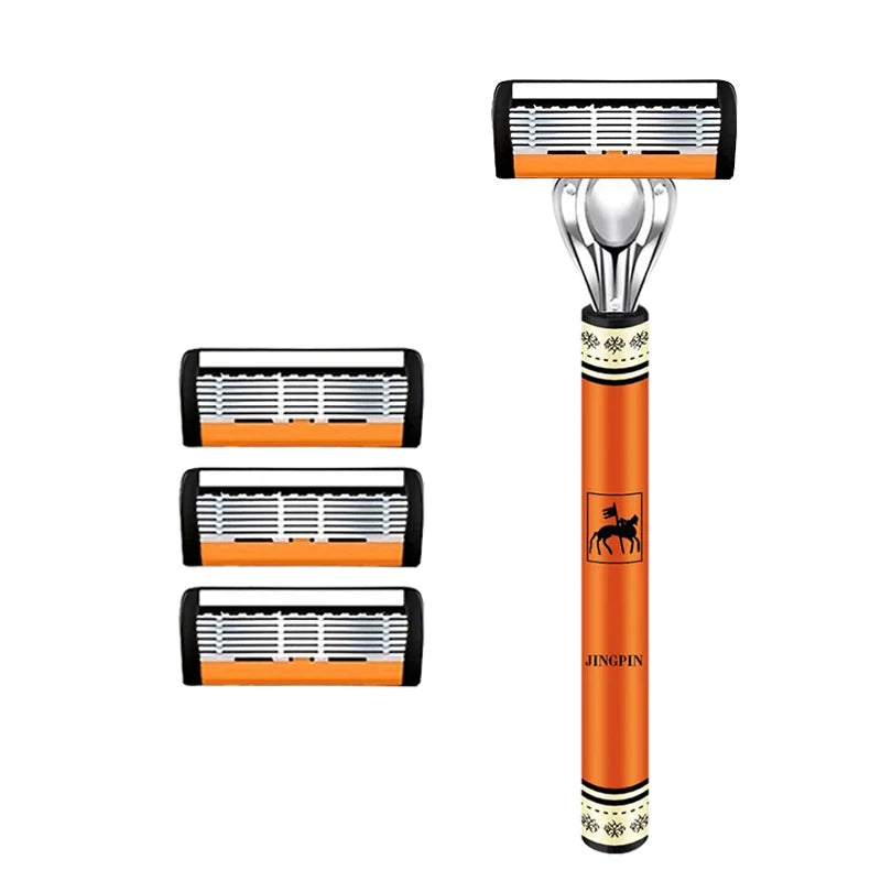 Men's Replaceable Head Razor Set with One Handle and 3 to 24 Blade Pack Options, Listed Six-Layer Stainless Steel Shaving Design for Everyday Grooming