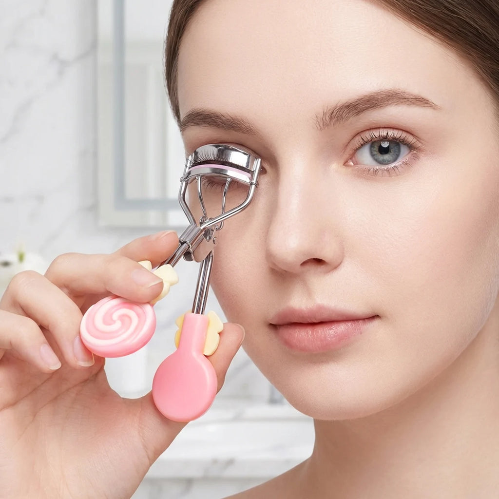 Lollipop Handle Eyelash Curler for Beginner Makeup Routines, Pink or Yellow Lash Curling Tool with Replaceable Strip Design and 1/6/16pcs Options