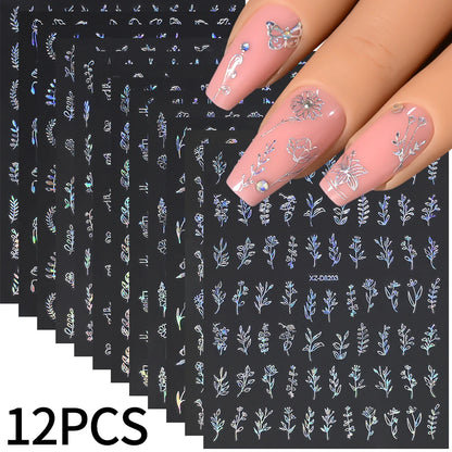 Gold Leaf Nail Stickers, 12-Piece Metallic 3D Floral Self-Adhesive Nail Art Decal Set for Botanical DIY Manicures, Party Styling and Salon Decoration