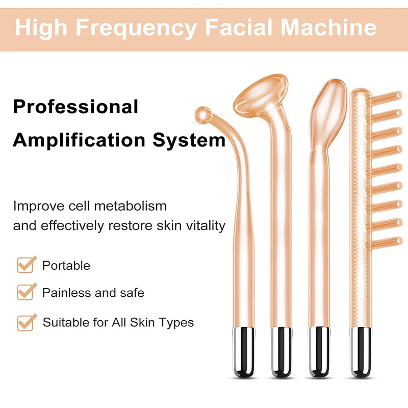 High Frequency Facial Wand Set with Four Glass Tube Attachments and English Manual, Glass and ABS Beauty Equipment in US, EU, UK or AU Plug Options