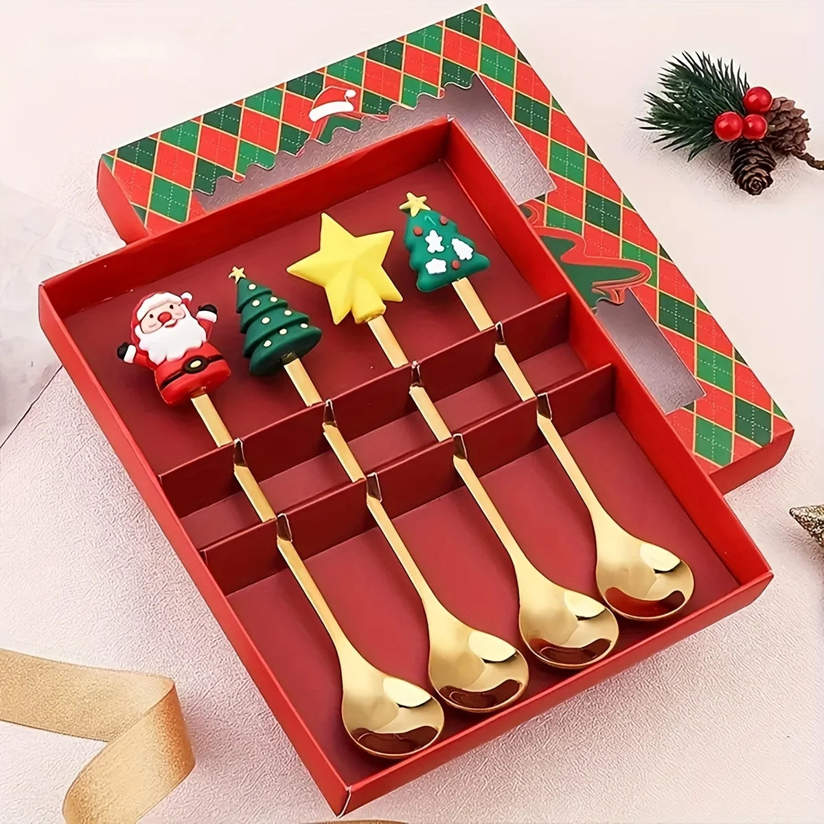 Christmas Spoons and Forks Set in Stainless Steel with 2, 4 or 6-Piece Spoon-Only and Mixed Options for Festive Coffee, Tea, Dessert Tables and Holiday Gifts