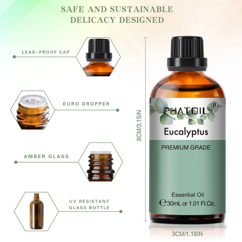 Essential Oil for Diffuser by PHATOIL, 30ml Single Scent Bottle with Gift Box for Home Fragrance, Including Lavender, Jasmine, Eucalyptus and Vanilla Options