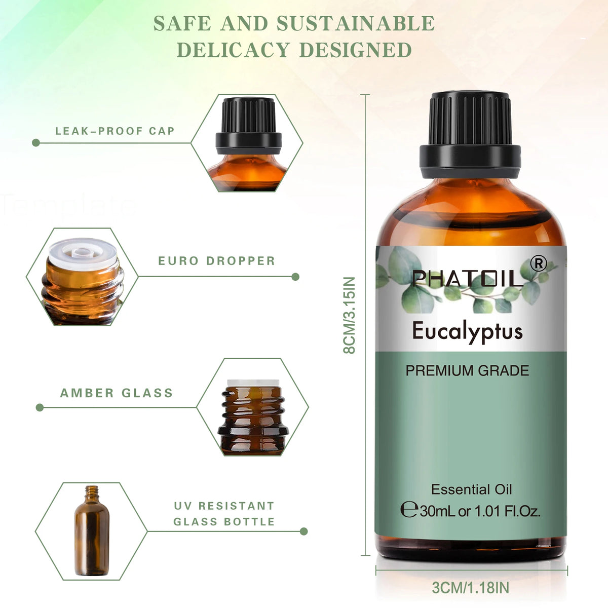 Essential Oil for Diffuser by PHATOIL, 30ml Single Scent Bottle with Gift Box for Home Fragrance, Including Lavender, Jasmine, Eucalyptus and Vanilla Options