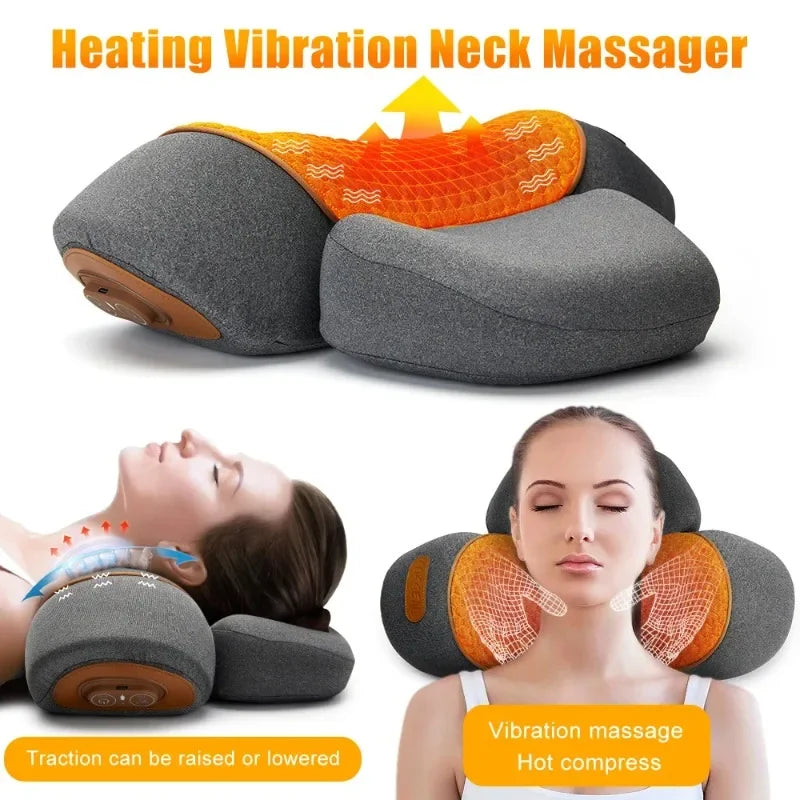 Heat and Vibration Neck Pillow with Listed Three-Level Settings and Slow-Rebound Core, Electric Personal-Care Support in Massage and Traction-Labeled Options
