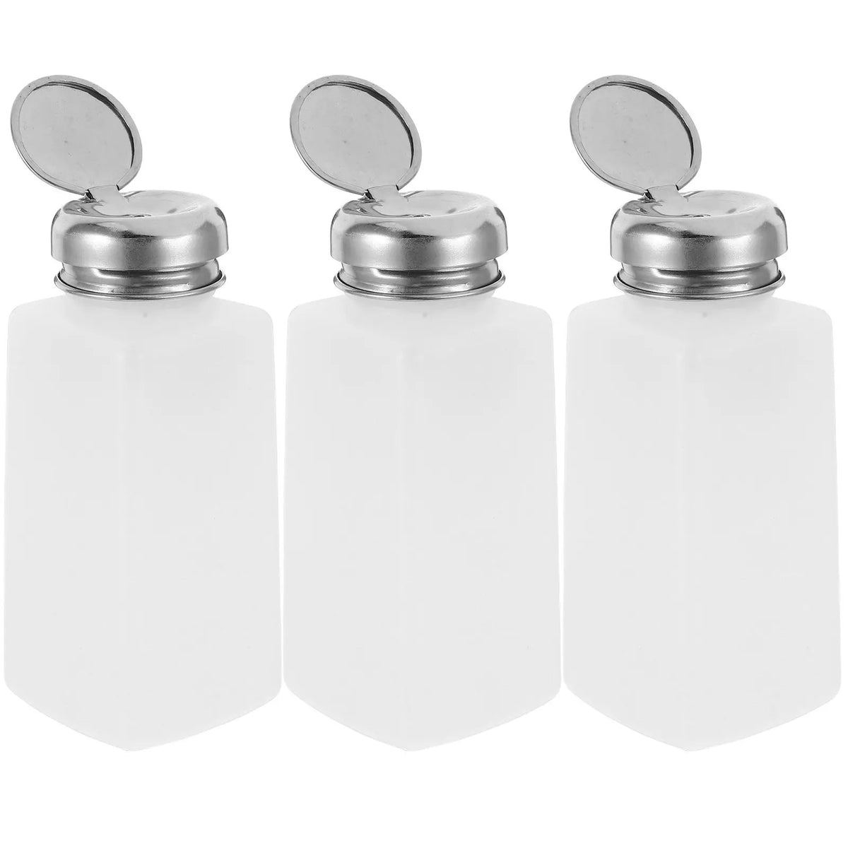Press Down Pump Bottles 5-Pack in White, Refillable Plastic and Aluminum Beauty Liquid Dispensers for Compatible Nail Care and Makeup Station Supplies