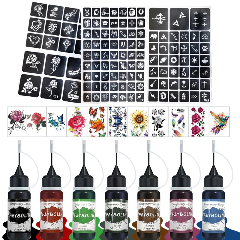 Temporary Tattoo Painting Gel for Freehand Body Art, Listed 0.5 oz Tattoo Paste with Seven 4pcs Style Labels for Adult Party and Costume Looks