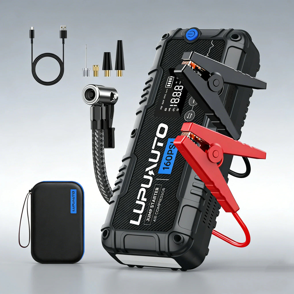 Car Jump Starter with Air Compressor and LED Light, 4000A Labeled Four-in-One Portable Unit with Power Bank Function and Listed 160 PSI Maximum Pressure