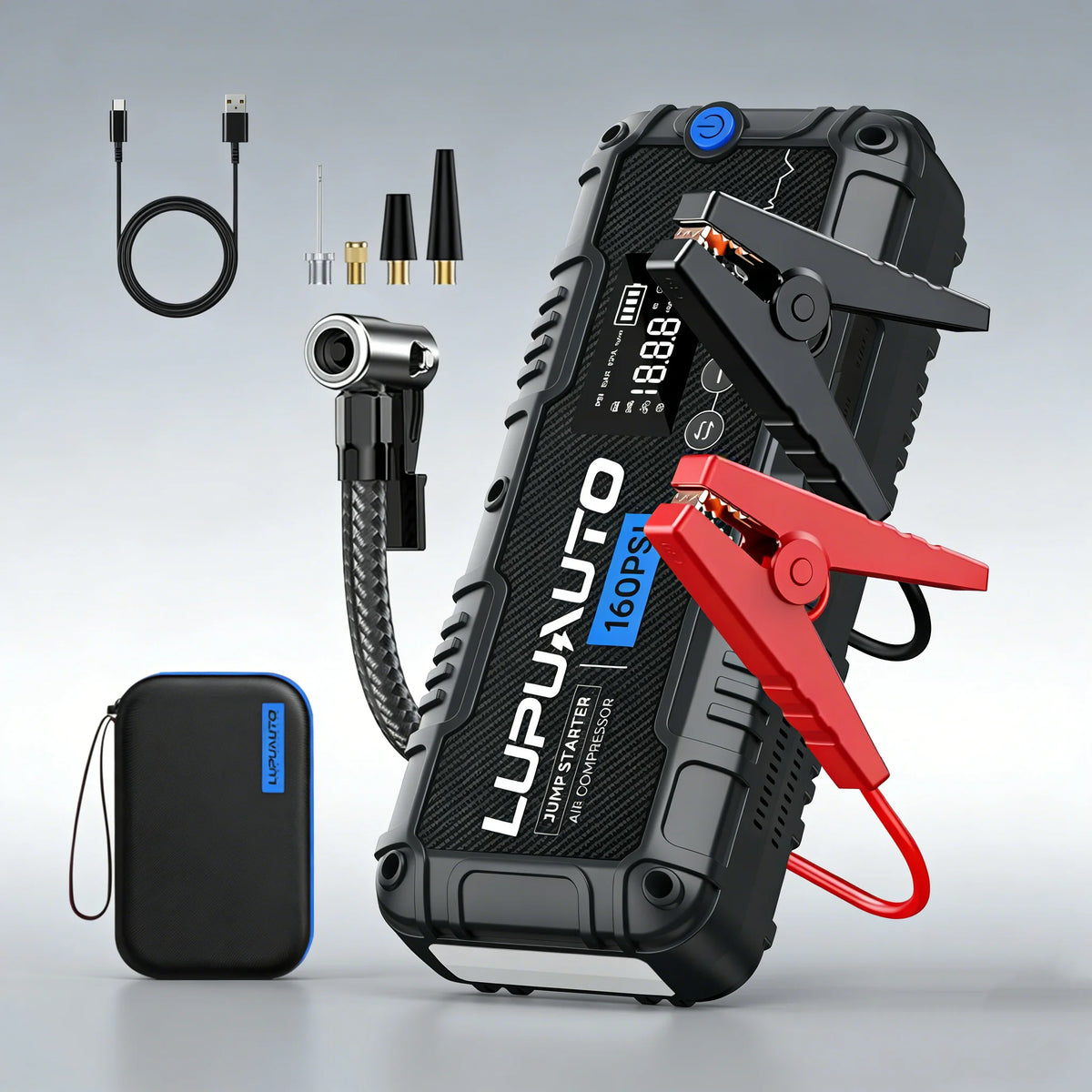 Car Jump Starter with Air Compressor and LED Light, 4000A Labeled Four-in-One Portable Unit with Power Bank Function and Listed 160 PSI Maximum Pressure