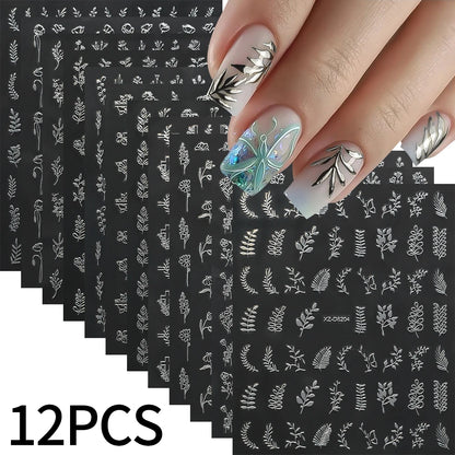 Gold Leaf Nail Stickers, 12-Piece Metallic 3D Floral Self-Adhesive Nail Art Decal Set for Botanical DIY Manicures, Party Styling and Salon Decoration