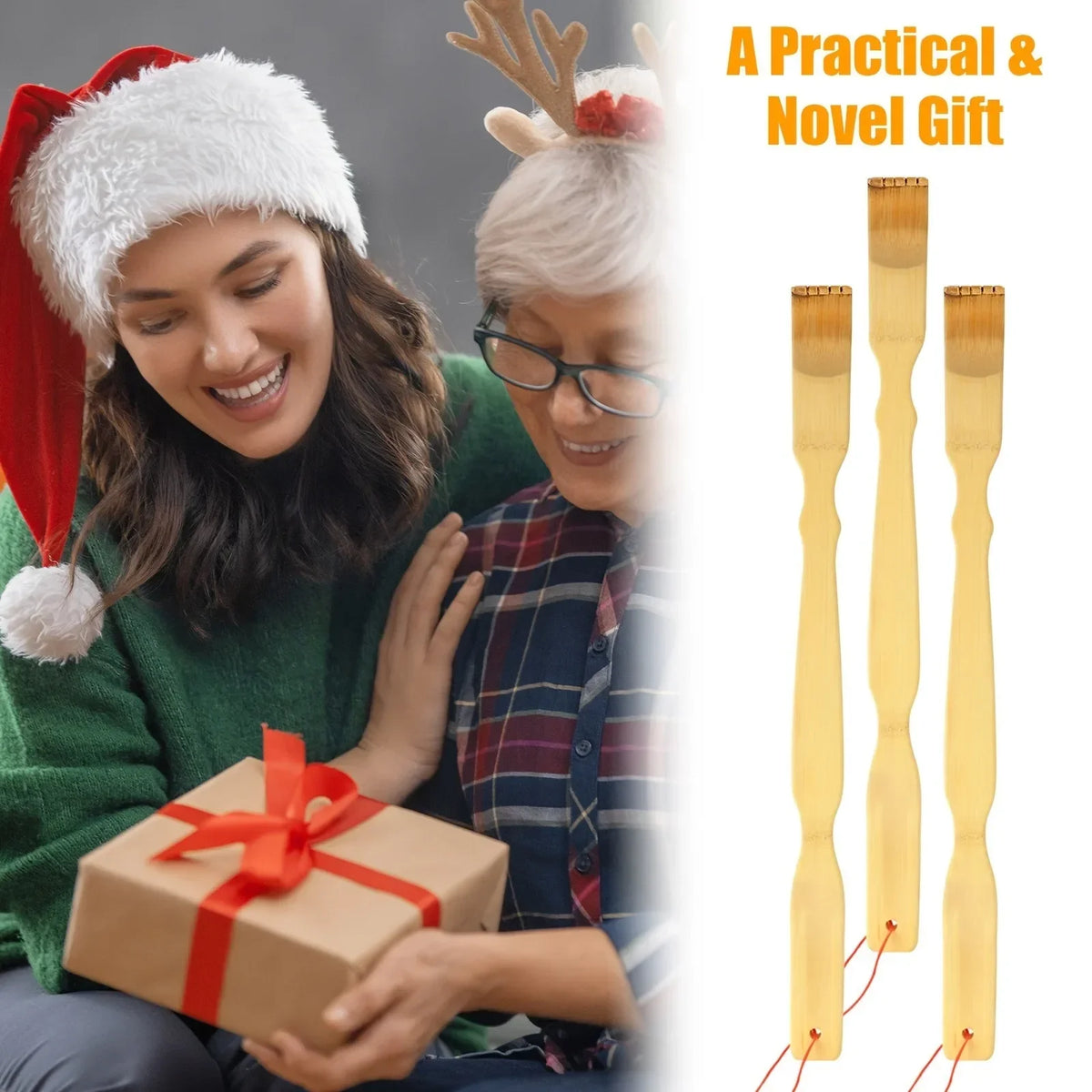 Bamboo Back Scratcher Set of Three with Listed 18.3 Inch Long Handles, Battery-Free Manual Personal Care Tools for Adult Home Use and Practical Gifts