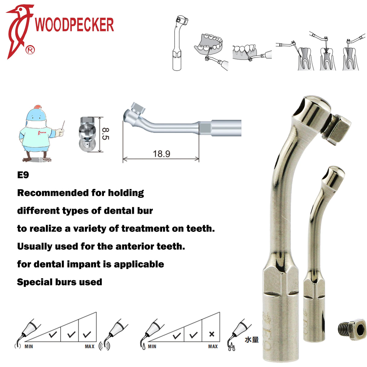 Ultrasonic Scaler Handpiece and Tip Options by Woodpecker, HW-5L LED Handpiece or P, E and G Series Tips for Compatible Dental Equipment