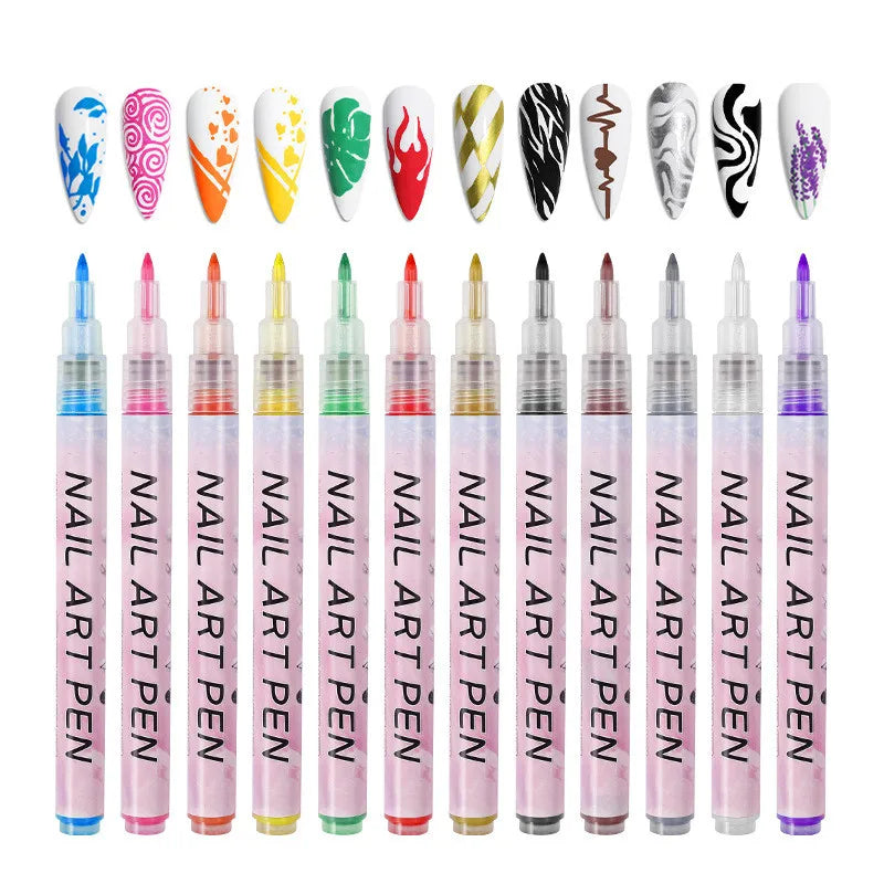 Nail Art Graffiti Pens, 12-Color Drawing Set with 12-Piece Title Reference for Abstract Lines, Creative DIY Manicure Decoration and Painting Liner Designs