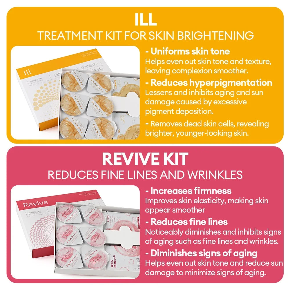 Facial Pod Serum and Gel Kit with Listed Six 8g Pods, Six 8ml Serums and Six 15ml Gels, Seven Type Choices and Separate Bubble Pen Option