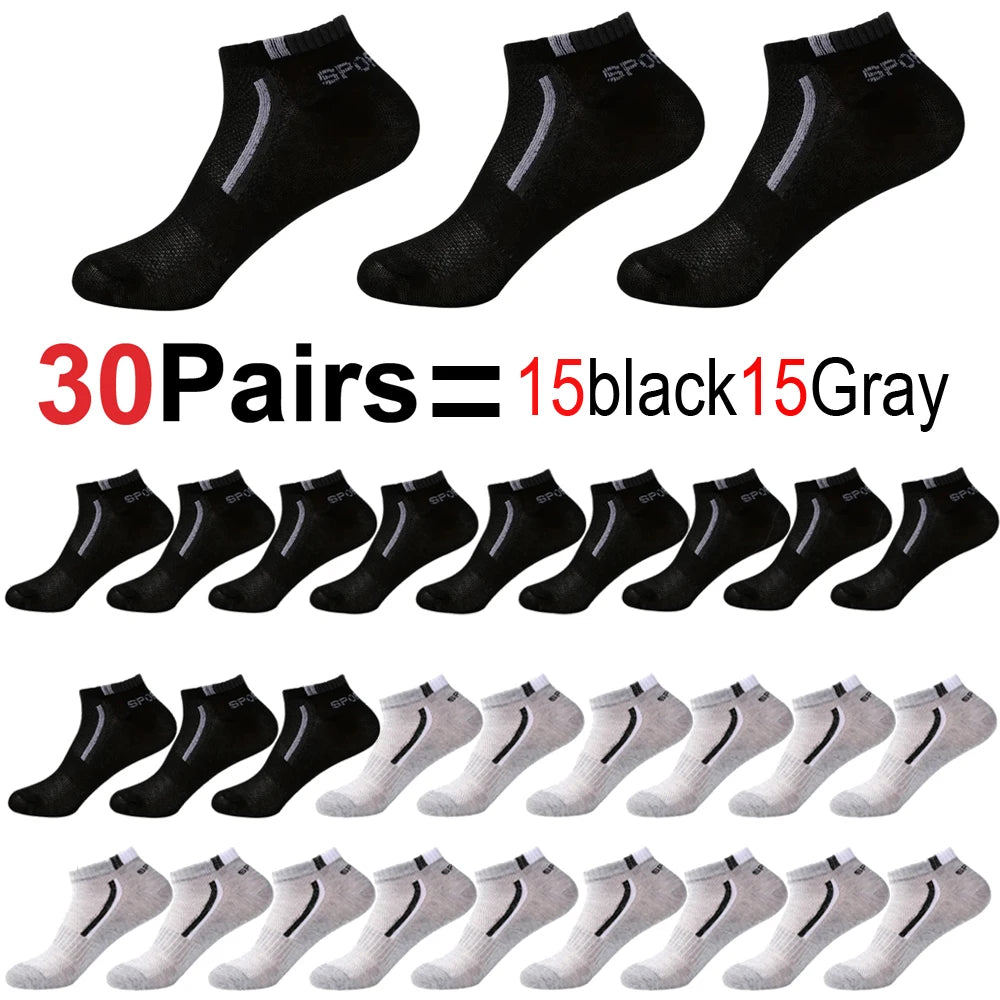 Men's Mesh Ankle Socks in Polyester, Short Casual and Sports Style Multipacks with 5, 10, 20, 30 or 40-Pair Labels and Black, White, Gray or Mixed Options
