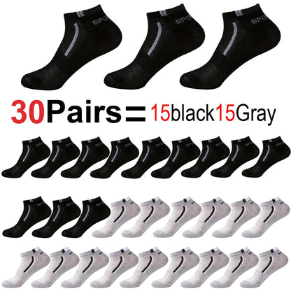 Men's Mesh Ankle Socks in Polyester, Short Casual and Sports Style Multipacks with 5, 10, 20, 30 or 40-Pair Labels and Black, White, Gray or Mixed Options