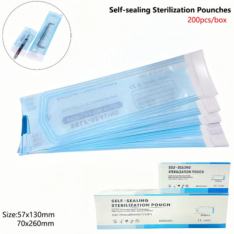 Self-Sealing Sterilization Pouches in 200-Pack Selected-Size Options, Disposable Paper and Film Instrument Bags with Listed Indicators, 57x130mm or 70x260mm