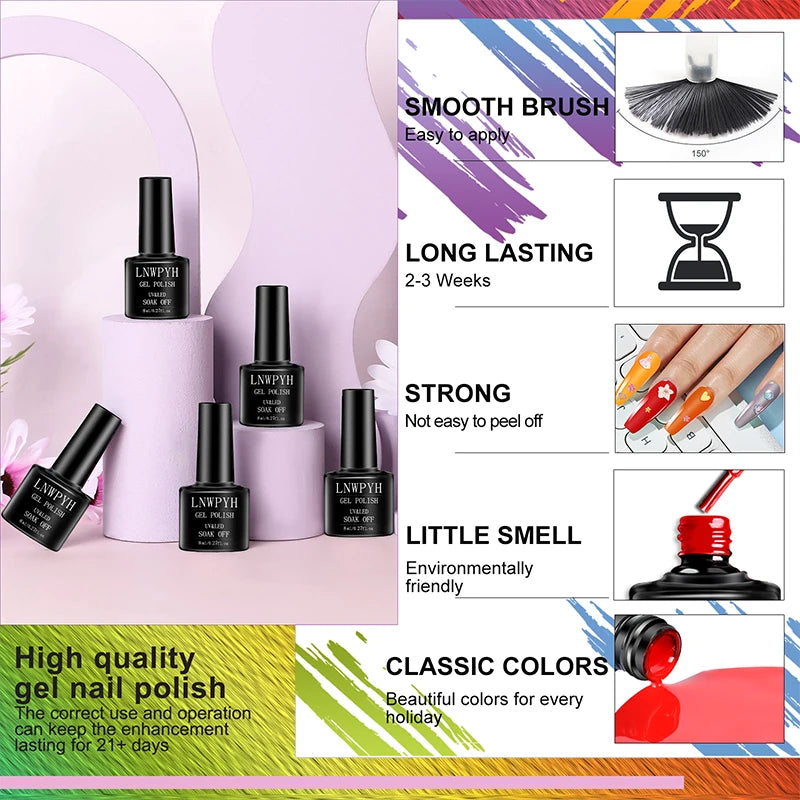 Soak-Off Gel Varnish Kit by LNWPYH with 10 Listed Polish Colors, One Base Coat, One Top Coat and UV LED Sensor Lamp for Adult Home Manicure Designs