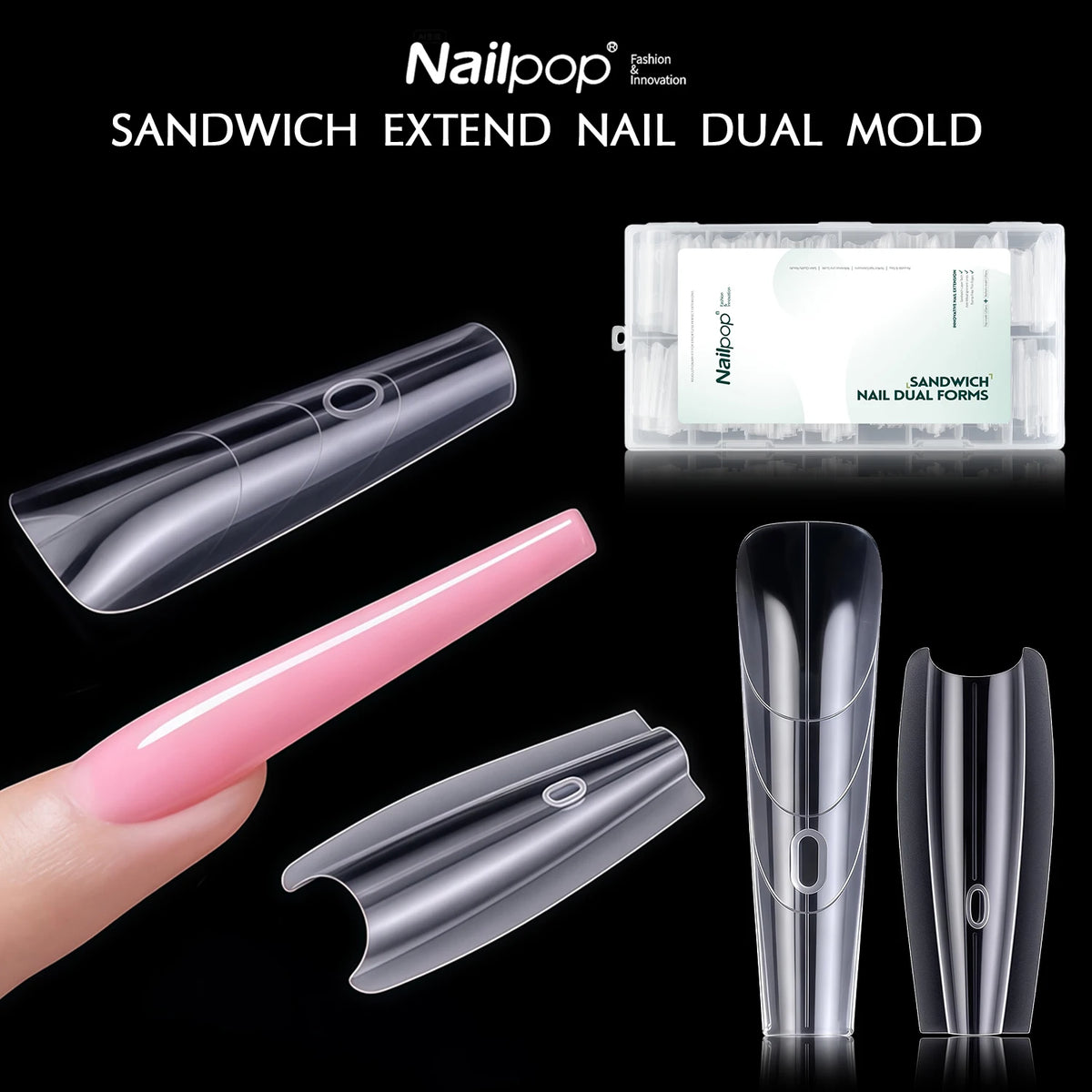 Clear Sandwich Nail Dual Forms by Nailpop with Listed 240-Piece Quantity, Coffin or Oval Options for French Manicure and Builder Gel Nail Extensions
