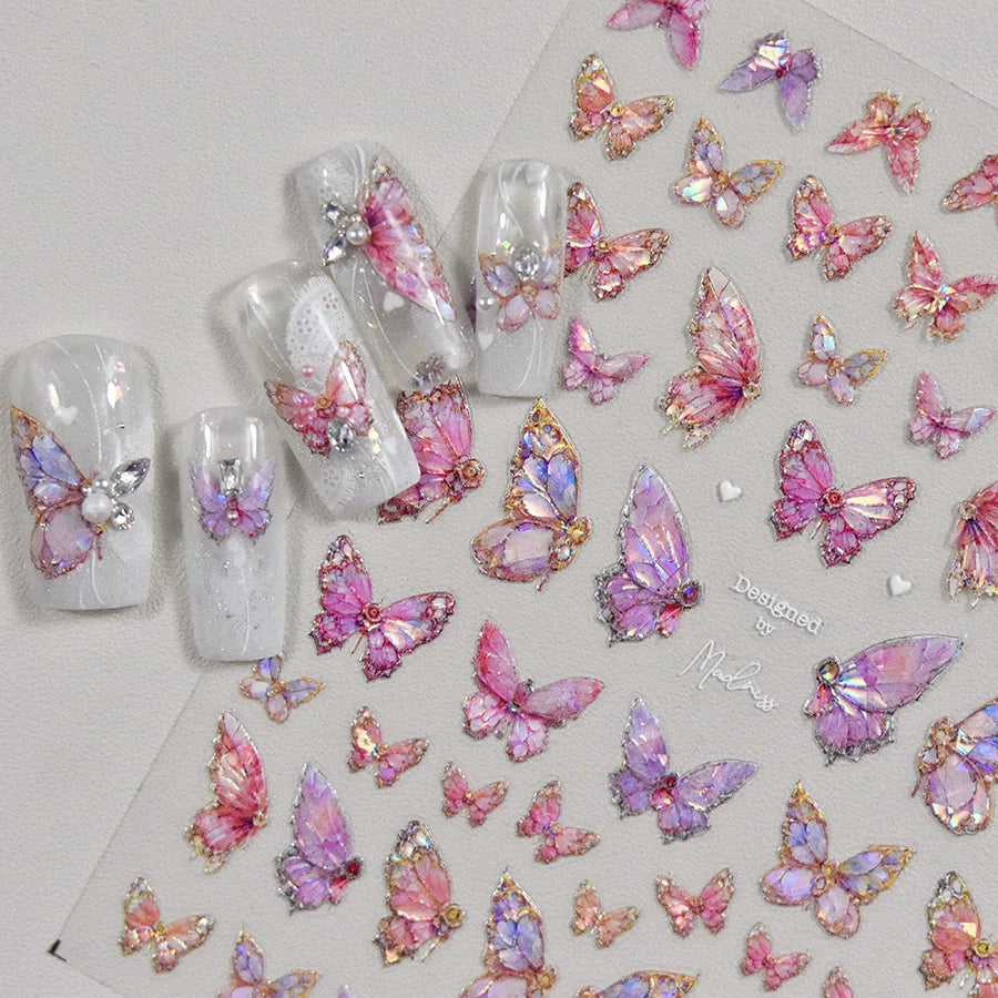 Butterfly 5D Nail Art Stickers, Kawaii Japanese-Inspired Glitter Shell Aurora Style Manicure Decals in Four Design Options for DIY Nail Decoration