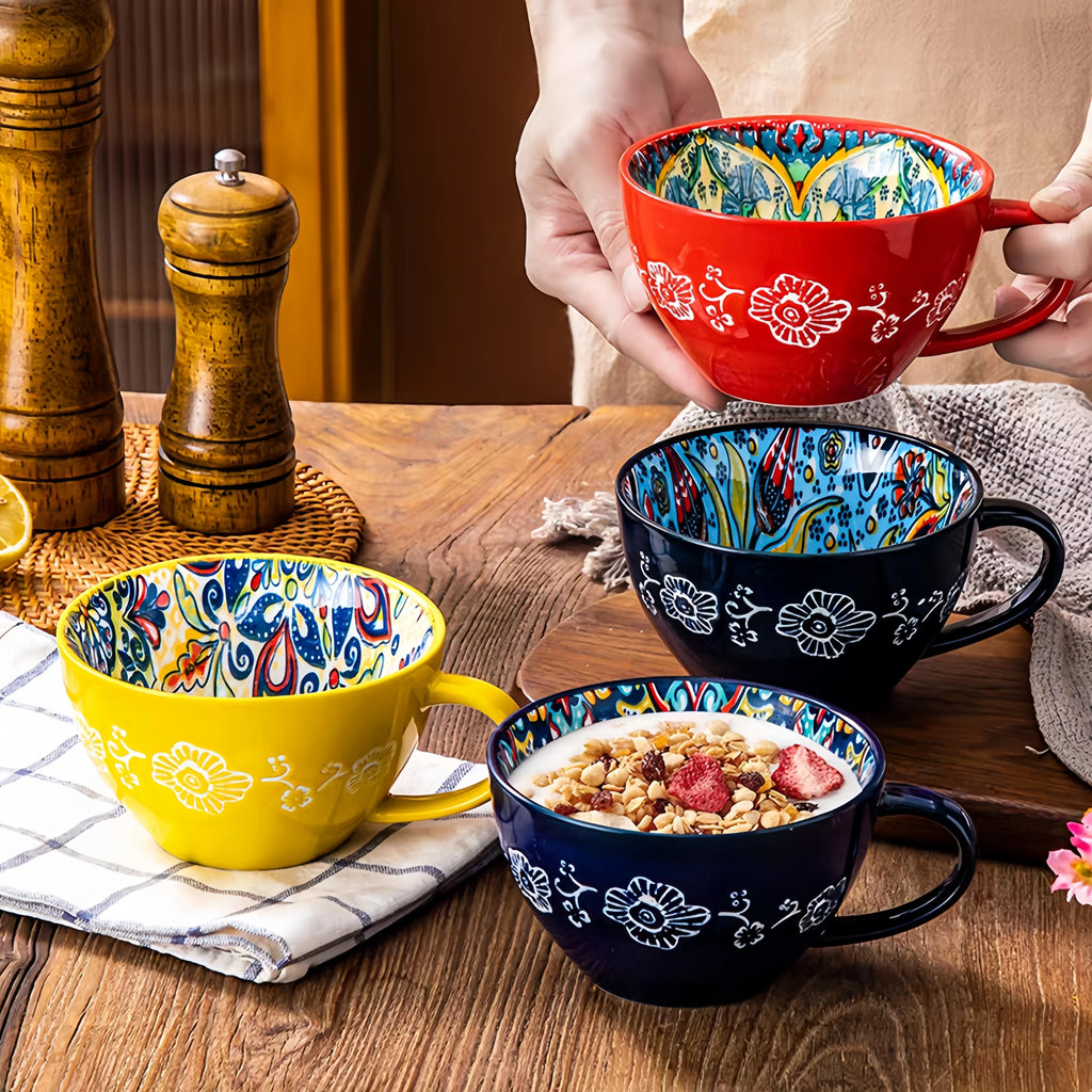 Bohemian Ceramic Coffee Mug with Hand-Painted Style Reference, Dark Red, Green, Blue and Yellow Cup Options Plus Coded Selection for Tea Breaks and Kitchen Gifts