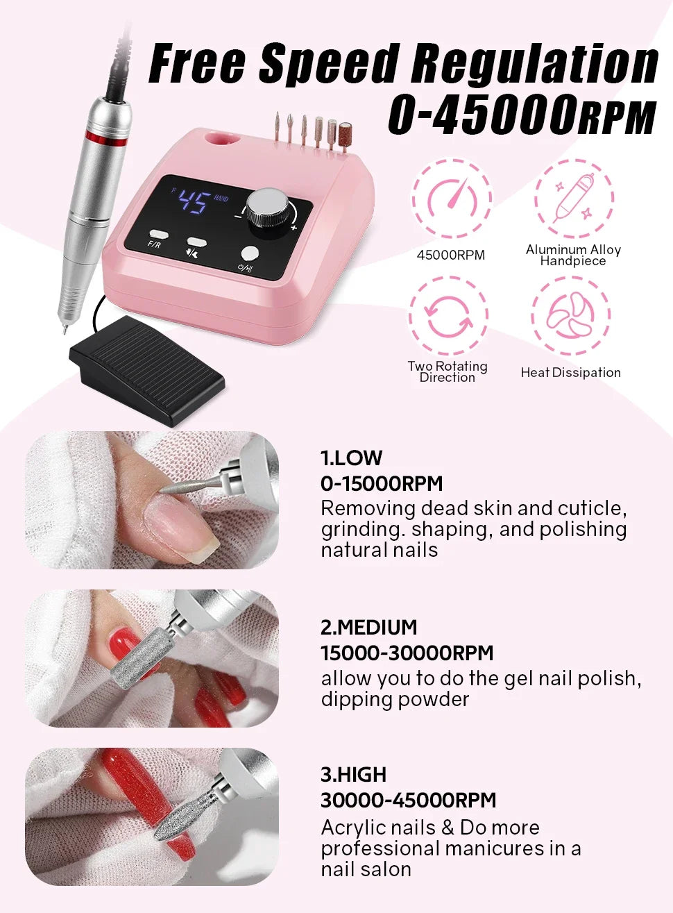 Foot-Pedal Nail Drill with Listed 45,000 RPM Adjustable Speed, Forward and Reverse Rotation, White, Black, Pink or Colorful Sets and US or EU Plug Options