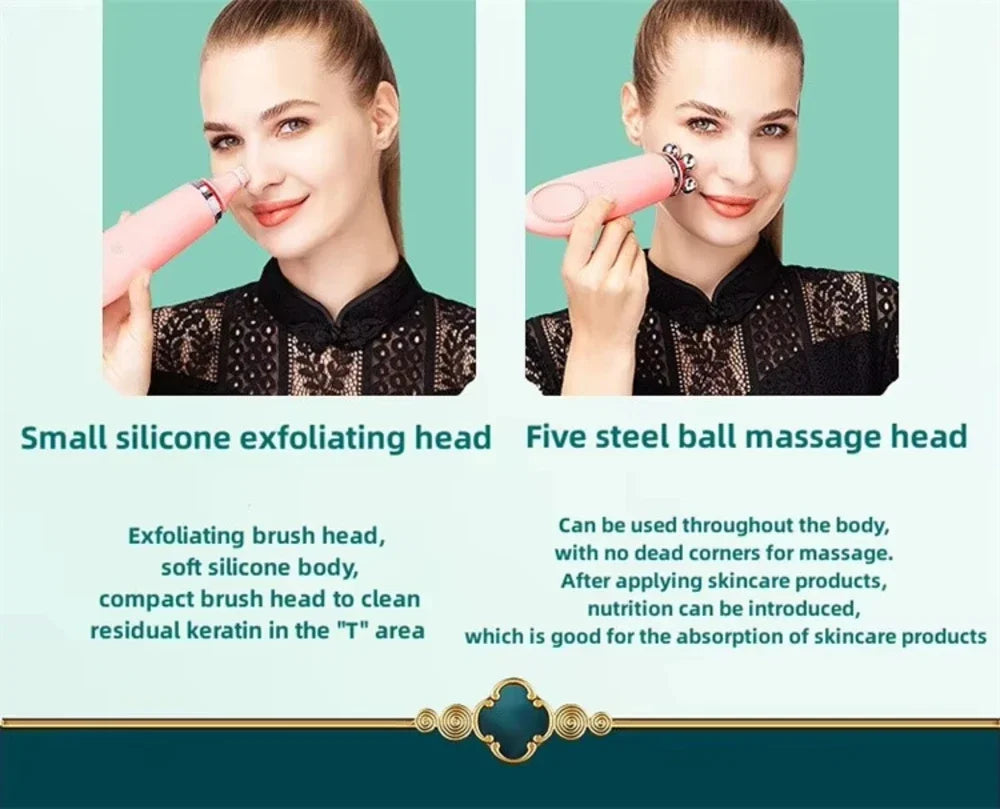 Heated Facial Cleansing Brush with USB Charging and Three Mode References, Silicone, Bristle and Rolling Head Descriptions with Three Single-Piece Option Labels