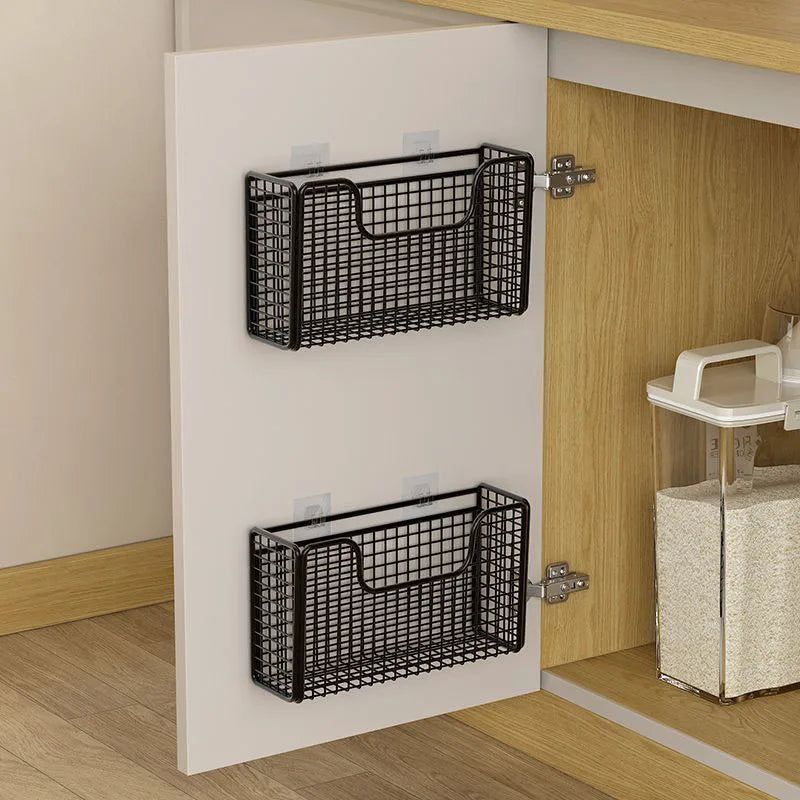 Kitchen Cabinet Door Storage Rack with Punch-Free Mounting Reference, Iron Organizer for Plastic Wrap Storage in White and Black Model Options
