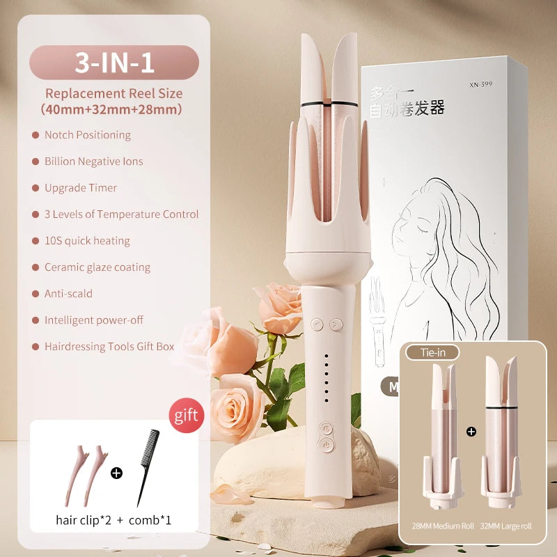 Automatic Curling Iron Set with Ceramic Rotating Styling and Multi-in-1 Bundle Options for At-Home Waves and Curls, US, EU, UK or AU Plug Choices