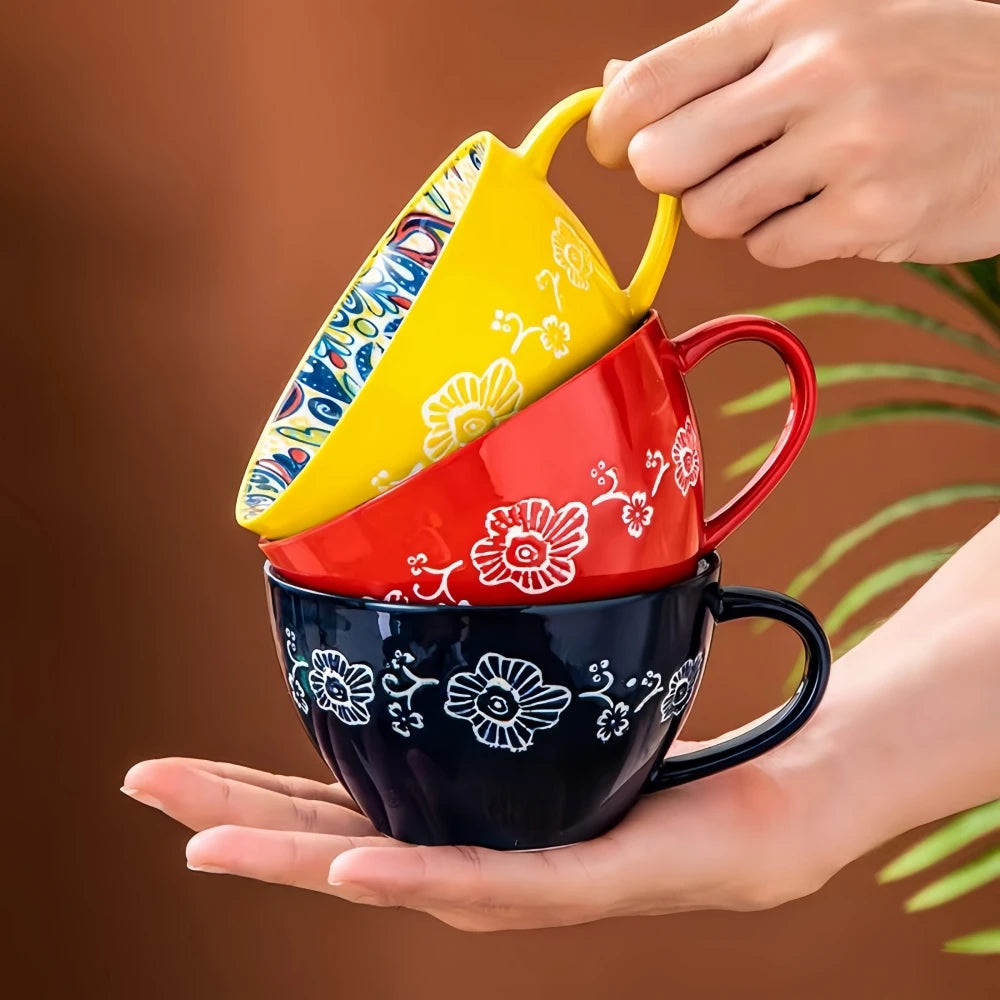 Bohemian Ceramic Coffee Mug with Hand-Painted Style Reference, Dark Red, Green, Blue and Yellow Cup Options Plus Coded Selection for Tea Breaks and Kitchen Gifts