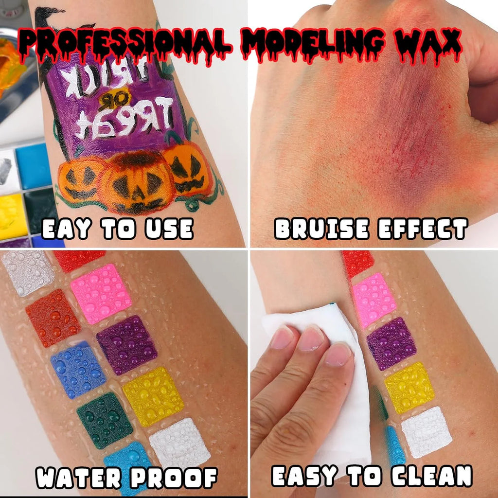 Halloween SFX Makeup Set by Bowitzki with Fake Blood, Scar Wax and Charred Ash Powder References for Simulated Costume Effects, Cosplay and Stage Looks