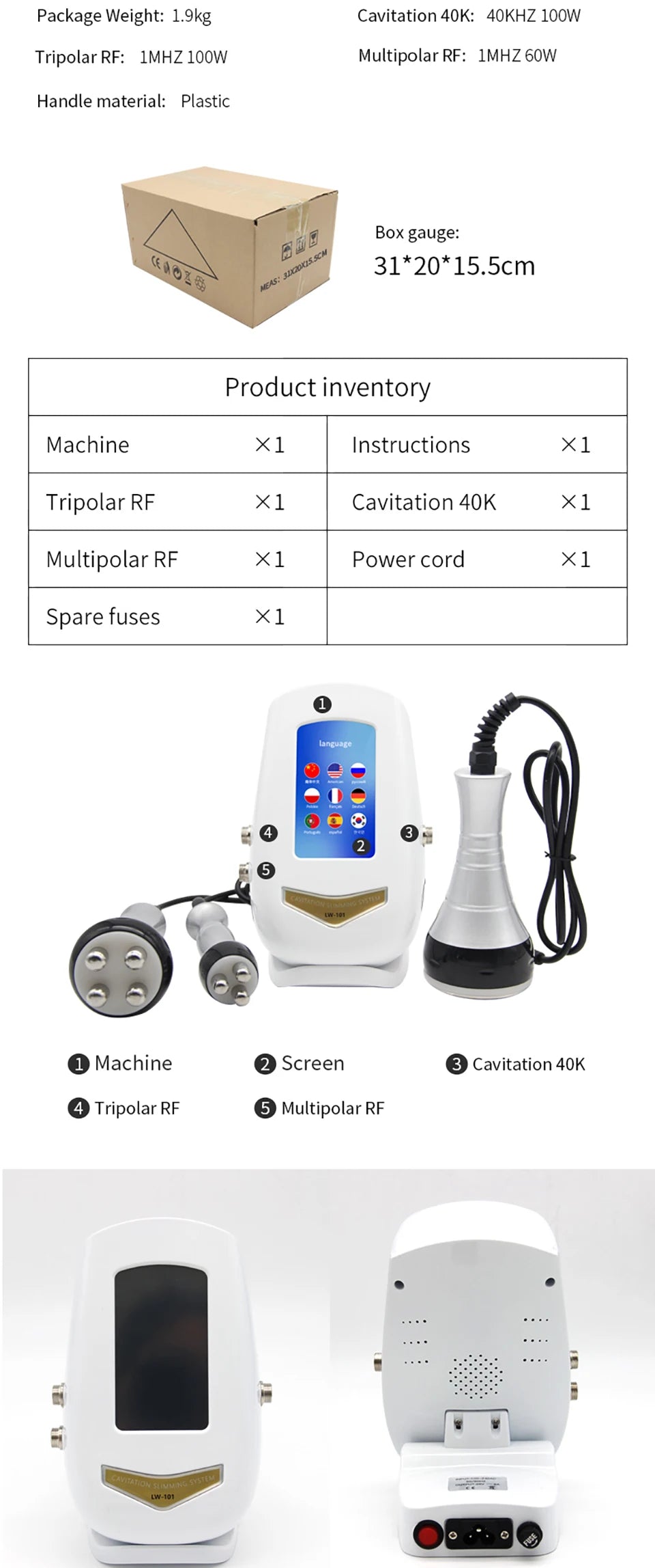 Ultrasonic Cavitation Machine with Three Handles and Radiofrequency Functions, ABS Beauty Device with 110V US or 220V Regional Plug Options