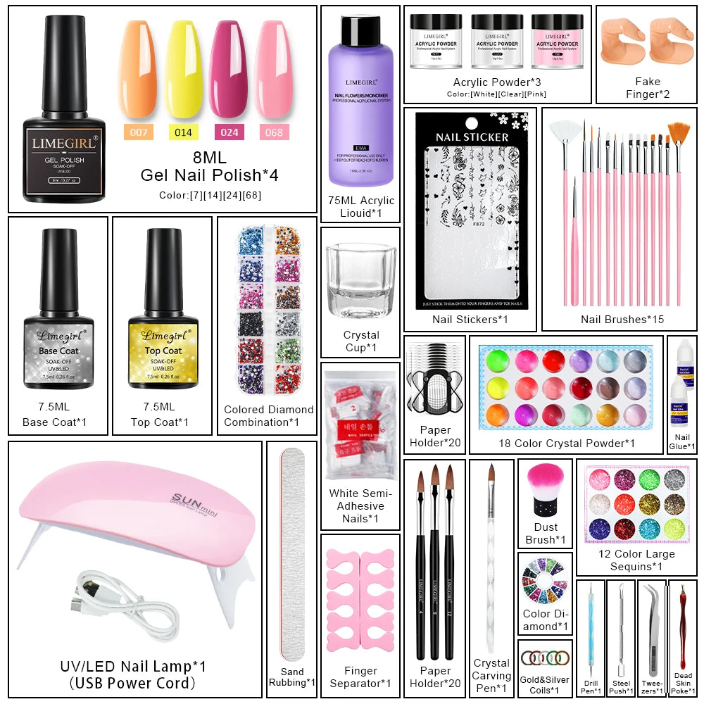 Acrylic Nail Extension Kit by LIMEGIRL, ZH440 Multicolor Powder and Manicure Tool Set with Subtle Glitter Accent References for Adult Nail Art Designs