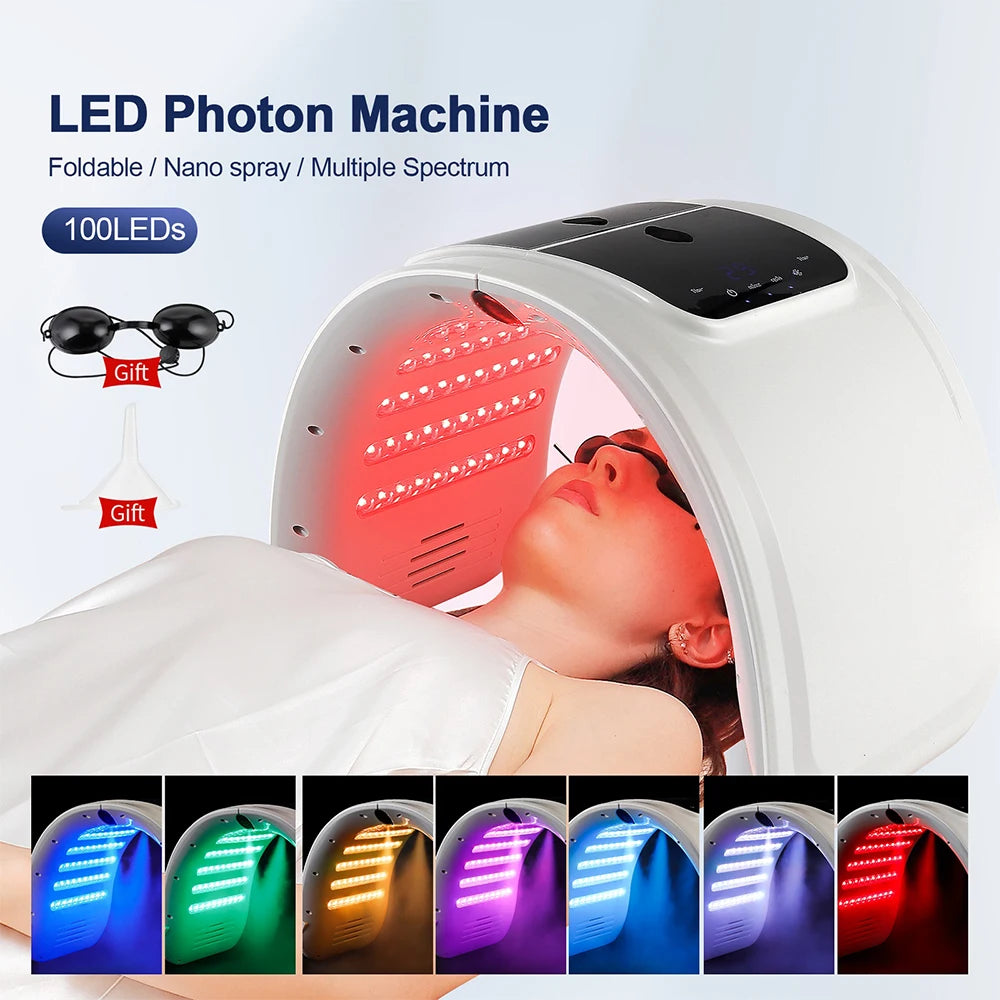 LED Beauty Machine with Nano Spray, Foldable Design, Seven-Color Reference, 100 LEDs and Touch Controls in US, EU, UK or AU Plug Options for Cosmetic Care