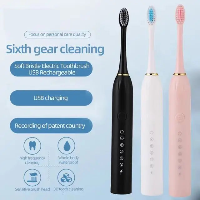 X3 Sonic Electric Toothbrush for Adults, USB Rechargeable Six-Mode Oral Care Brush with Two-Minute Brushing Cycle and 30-Second Zone Reminders