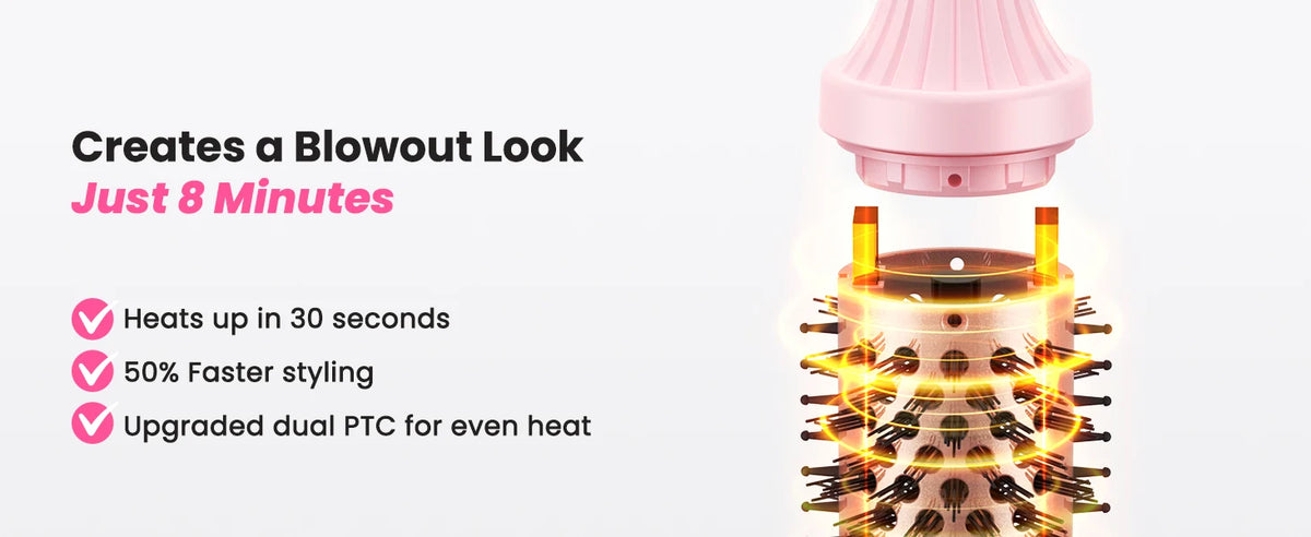 Ionic Heated Round Brush with Six Temperature Settings, LED Display and 110–240V Listed Dual Voltage for Curling, Smoothing and Root Volume, Pink