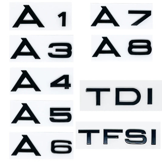 Car Letter Badge Emblem in 3D ABS, Silver or Glossy Black with A1, A3, A4, A5, A6, A7, A8, TDI and TFSI Options for Compatible Trunk and Fender Decoration