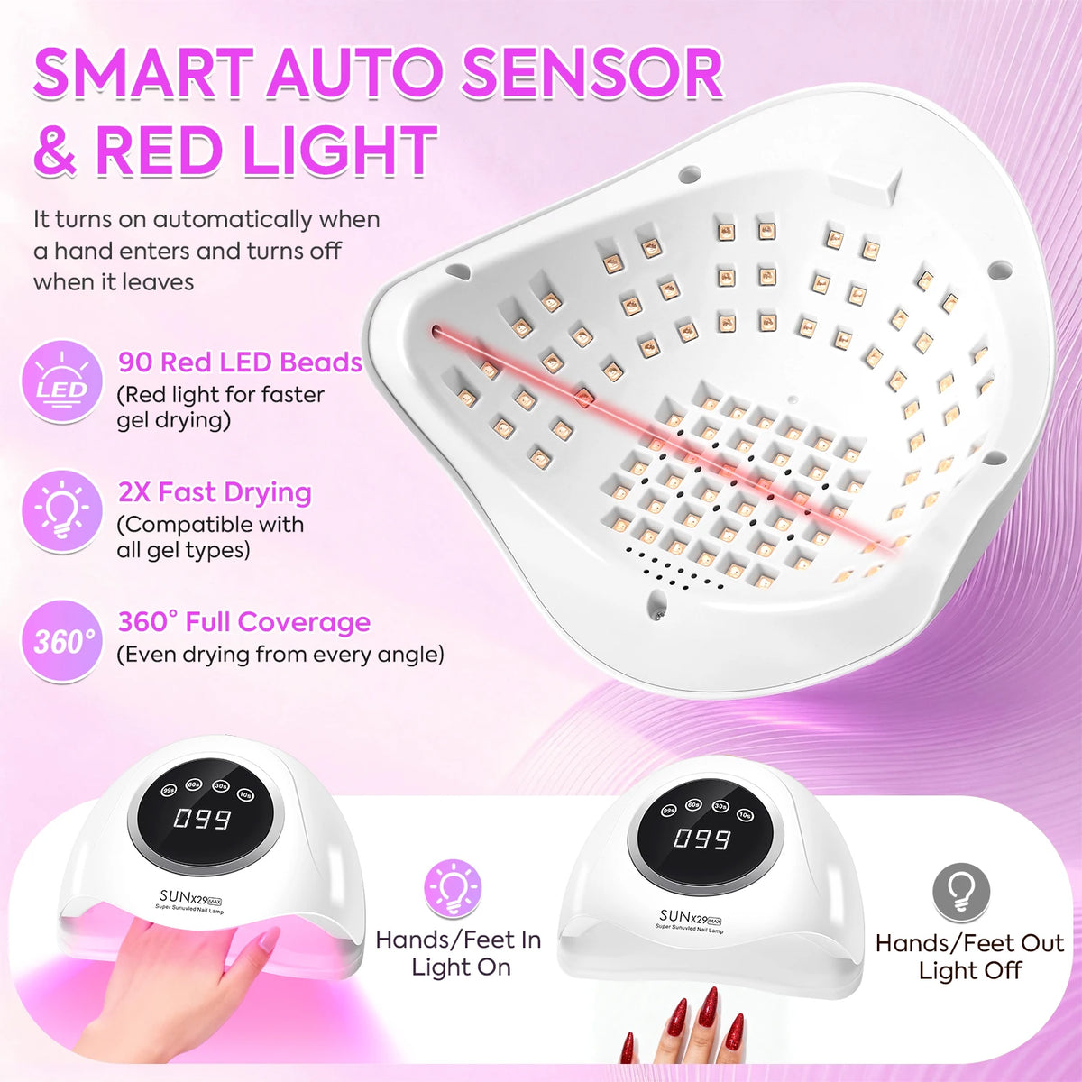DianaBeauty Gel Curing Lamp Options with SUN X29 MAX Listed 90 LEDs, Infrared Sensor and Four Timers, Nine Model Labels and US, EU, AU or UK Plug Choices